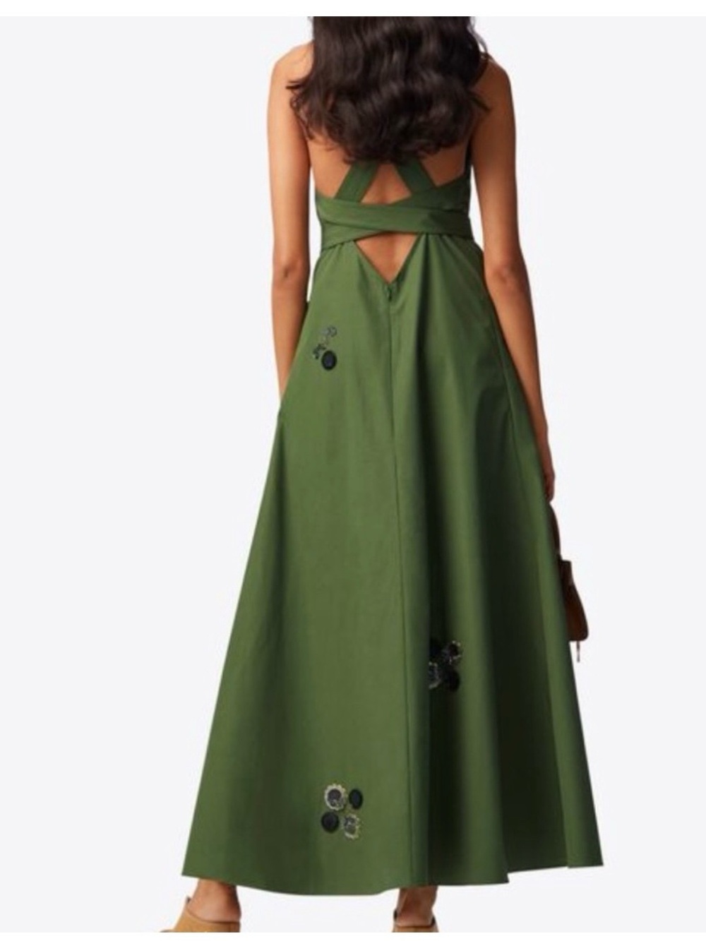 Tory Burch Olive Green Square-Neck Maxi Dress with Waist Tie - Picture 2 of 6